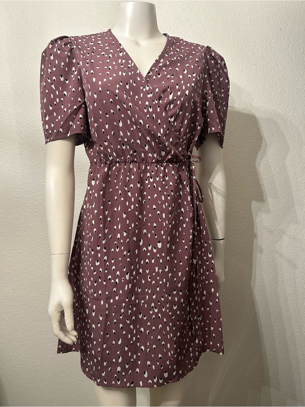 SHEIN Mauve Wrap Mini Dress with White & Black Spot Print